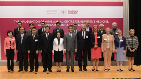 2nd row from left to right: 1.    Mr. Ai Xue-feng, Vice Mayor, Shenzhen Municipal People’s Government, People’s Republic of China 2.    Dr. Ko Wing-man, Secretary for Food and Health, HKSAR 3.    Mr. Gregory So, Secretary for Commerce and Economic Development, HKSAR  4.    Mr. Guo Yonghang, Standing Committee Member, Secretary-General of Shenzhen Municipal Committee of the Communist Party of China 5.    Prof. Ronald Li, Executive Director, MWLC, Karolinska Institutet, Hong Kong 6.    Prof. Anders Gustafsson, Dean of Research, Karolinska Institutet 7.    Prof. Paul Tam, Provost and Deputy Vice-Chancellor, The University of Hong Kong; Member of MWLC Steering Group 8.    Dr. Ola Hermanson, Scientific Director, MWLC, Karolinska Institutet  1st row from left to right: 1.    Mrs. Fanny Law, Chairperson, Hong Kong Science and Technology Parks Corporation 2.    Mr. Nicholas Yang, Secretary for Innovation and Technology, HKSAR 3.    Mr. Ming Wai Lau, Donor of Ming Wai Lau Centre for Reparative Medicine 4.    Mr. Ma Xingrui, Secretary of Shenzhen Municipal Committee of the Communist Party of China 5.    Ms. Tong Xiaoling, Deputy Commissioner of Office of the Commissioner of the Ministry of Foreign Affairs of the People’s Republic of China in the Hong Kong Special Administrative Region 6.    The Hon. CY Leung, The Chief Executive of HKSAR 7.    Mr. Lars Leijonborg, Chancellor of Karolinska Institutet 8.    Prof. Karin Dahlman-Wright, Acting Vice-Chancellor, Karolinska Institutet 9.    Ms. Helena Storm, Consul General of Sweden in Hong Kong and Macau 10.    Prof. Maria Masucci, Deputy Vice-Chancellor for international affairs, Karolinska Institutet 11.    Ms. Marie Tell, Deputy University Director, Karolinska Institutet