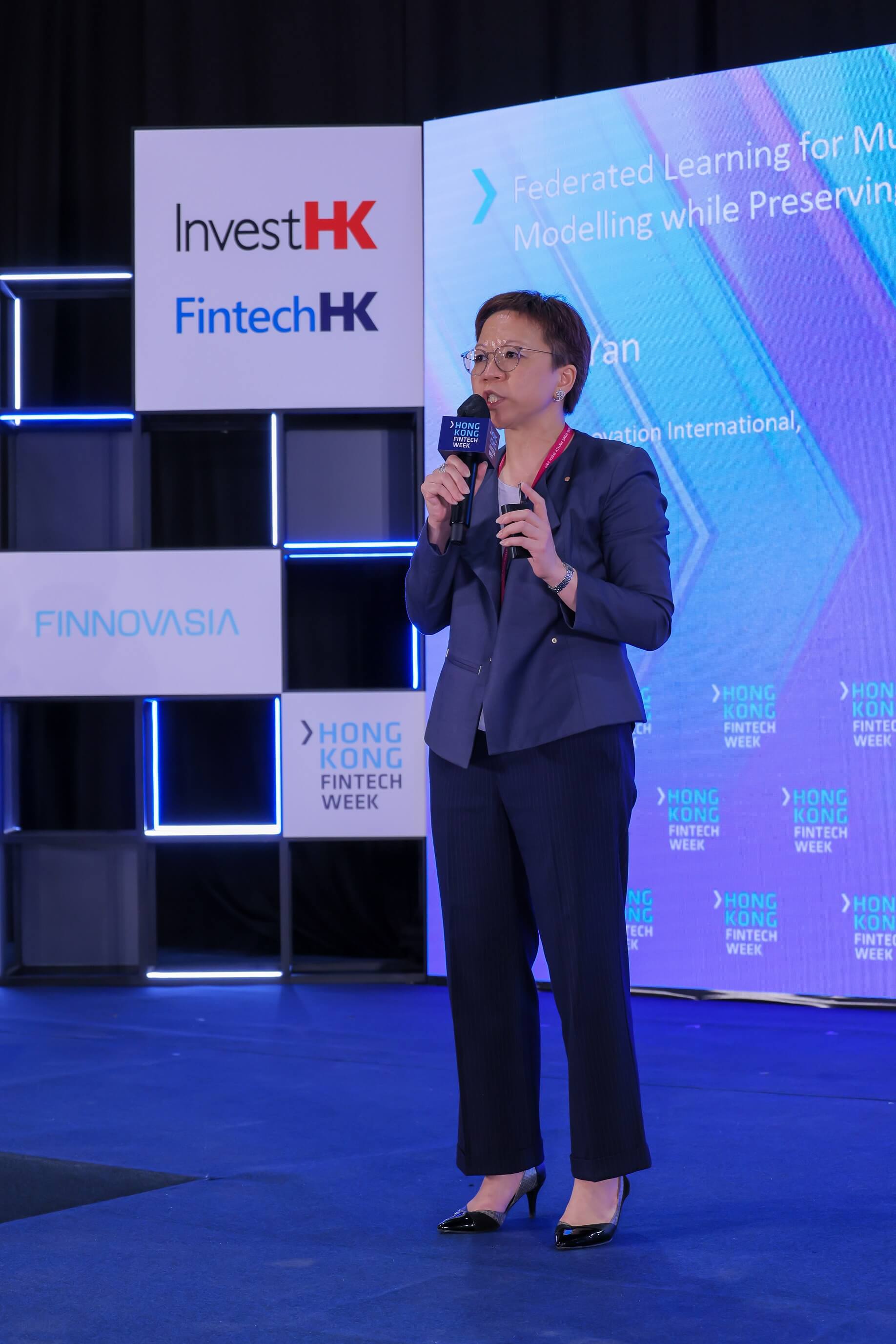 Photo 2-3: Juni Yan, MD, Tech Innovation International, WeBank and Victor Yip, Co-Founder & CEO, Pecutus Technologies (Science Park company) shared during the Hong Kong FinTech Week on how innovative solutions can contribute to the future of FinTech, including Fintech Virtual Lab and Federated Learning.