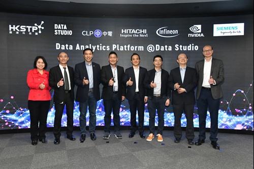 (From Left) Gracie Ng, Associate Director, ICT Cluster & Smart City Platform, HKSTP; Jerome Lee, Manager, Application Center, Greater China, Infineon Technologies; Samuel Lo, General Manager, NVIDIA AI Technology Center; Keith Cheng, Head of Hong Kong Digitalisation Hub of Siemens; George Tee, Chief Technology Officer, HKSTP; Douglas Lo, Technical Lead, Hong Kong & Macau, Hitachi Vantara; TF Chow, Senior Advisor - Strategy, CLP Power Hong Kong and Peter Yeung, Head of ICT, Smart City & Green Technology, HKSTP. Senior executives from Partner companies and HKSTP at the inauguration of the Data Analytics Platform, part of the initiative to accelerate the development of smart city solutions in the city.