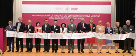 from left to right: 1.    Prof. Ronald Li, Executive Director, MWLC, Karolinska Institutet, Hong Kong 2.    Prof. Anders Gustafsson, Dean of Research, Karolinska Institutet 3.    Prof. Paul Tam, Provost and Deputy Vice-Chancellor, The University of Hong Kong 4.    Mrs. Fanny Law, Chairperson, Hong Kong Science and Technology Parks Corporation 5.    Mr. Nicholas Yang, Secretary for Innovation and Technology, HKSAR  6.    Mr. Ming Wai Lau, Donor of Ming Wai Lau Centre for Reparative Medicine 7.    Ms. Tong Xiaoling, Deputy Commissioner of Office of the Commissioner of the Ministry of Foreign Affairs of the People’s Republic of China in the Hong Kong Special Administrative Region 8.    The Hon. CY Leung, The Chief Executive of HKSAR 9.    Mr. Lars Leijonborg, Chancellor of Karolinska Institutet 10.    Prof. Karin Dahlman-Wright, Acting Vice-Chancellor, Karolinska Institutet 11.    Ms. Helena Storm, Consul General of Sweden in Hong Kong and Macau 12.    Prof. Maria Masucci, Deputy Vice-Chancellor for international affairs, Karolinska Institutet 13.    Ms. Marie Tell, Deputy University Director, Karolinska Institutet 14.    Dr. Ola Hermanson, Scientific Director, MWLC, Karolinska Institutet