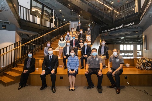 Photo 3: HKSAR government officials, HKSTP board members and management team gathered at the newly-opened InnoCell, which is a propose-built space for I&T talents.  1st row  Mrs Carrie Lam Cheng Yuet-ngor, GBM, GBS, Chief Executive, HKSAR (Middle) Mr Alfred Sit, JP, Secretary for Innovation and Technology, Innovation and Technology Bureau, HKSAR (2nd from left) Dr Sunny Chai, BBS, Chairman, HKSTP (2nd from right) Ms Annie Choi, JP, Permanent Secretary for Innovation & Technology, HKSAR (Left) Mr Albert Wong, CEO, HKSTP (Right)  2nd Row  Ms Rebecca Pun, JP, Commissioner for Innovation and Technology, HKSAR (Left) Mr Chan Ka-kui, SBS, JP, Chairman of the Construction Industry Council (2nd from left) Mr Yu Tak-cheung, JP, Director of Buildings, HKSAR (2nd from right) Mr Michael Li, Project Director, Architectural Services Department, HKSAR (Right)