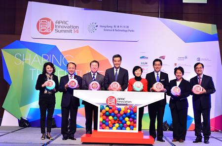 Leading international innovation policy makers gathered at the APAC Innovation Summit in Hong Kong to share their views on innovation policy.  Officiating guests at the opening ceremony included (from left to right): Ms Janet Wong, Commissioner for Innovation and Technology, Innovation and Technology Commission, HKSAR Government Dr Wang Zhimin, Deputy Minister, Liaison Office of the Central People’s Government in the HKSAR Dr Cao Jianlin, Vice Minister, Ministry of Science and Technology, People’s Republic of China Mr CY Leung, Chief Executive, HKSAR Government Mrs Fanny Law, Chairperson, HKSTP Mr Gregory So, Secretary for Commerce and Economic Development, HKSAR Government Ms Susie Ho, Permanent Secretary for Commerce and Economic Development (Communications and Technology), HKSAR Government Mr Allen Ma, Chief Executive Officer, HKSTP