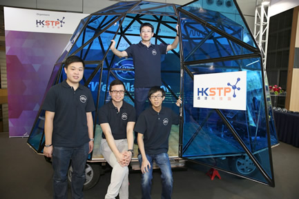 (From left to right) Winning contestants Sunny Wong, Brandon Ng, Alex Liu and Boris Yim (standing at the back) express their confidence in the future of EV technology development