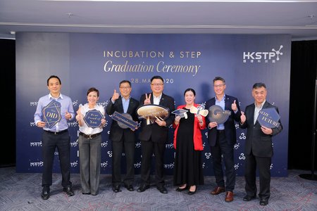 HKSTP management celebrated the graduation of 108 start-ups completing their incubation and Science and Technology Entrepreneur Programme (STEP) programmes. (From left):  Mr George Tee, Chief Technology Officer, HKSTP Ms Jojo Cheung, Chief Marketing Officer, HKSTP Mr Albert Wong, Chief Executive Officer, HKSTP Dr Sunny Chai, BBS, Chairman, HKSTP Ms Kiki Wang, Director of Incubation and Acceleration Programmes, HKSTP Prof W. John Kao, Head of the Biomedical Technology Cluster, HKSTP Mr Peter Mok, Head of Strategic Partnership, HKSTP