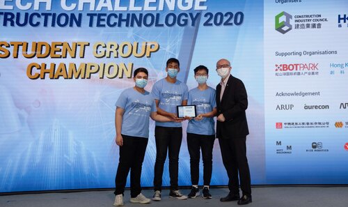 Mr. Donald CHOI, the Chairperson of the CITAC Board awards HeightSecure Technologies with the Student Group Champion prize at SciTech Challenge 2020. The team also wins the Most Innovative Award and the Best Presentation Award.